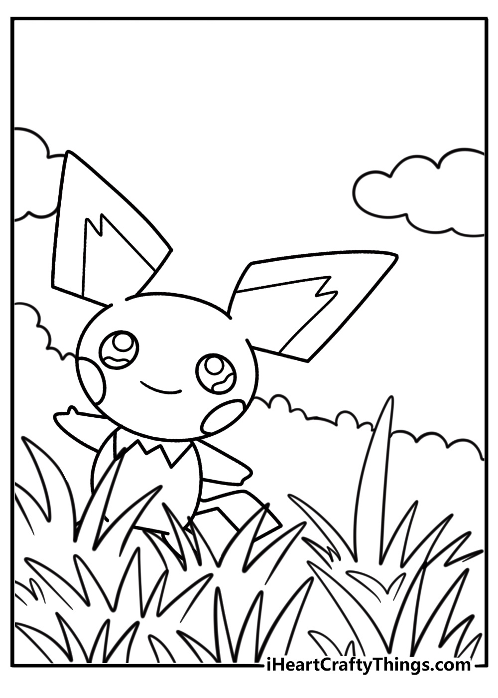 Pichu hiding behind tall grass coloring page