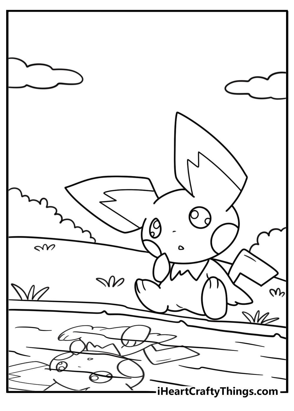Pichu near a pond with reflections coloring sheet