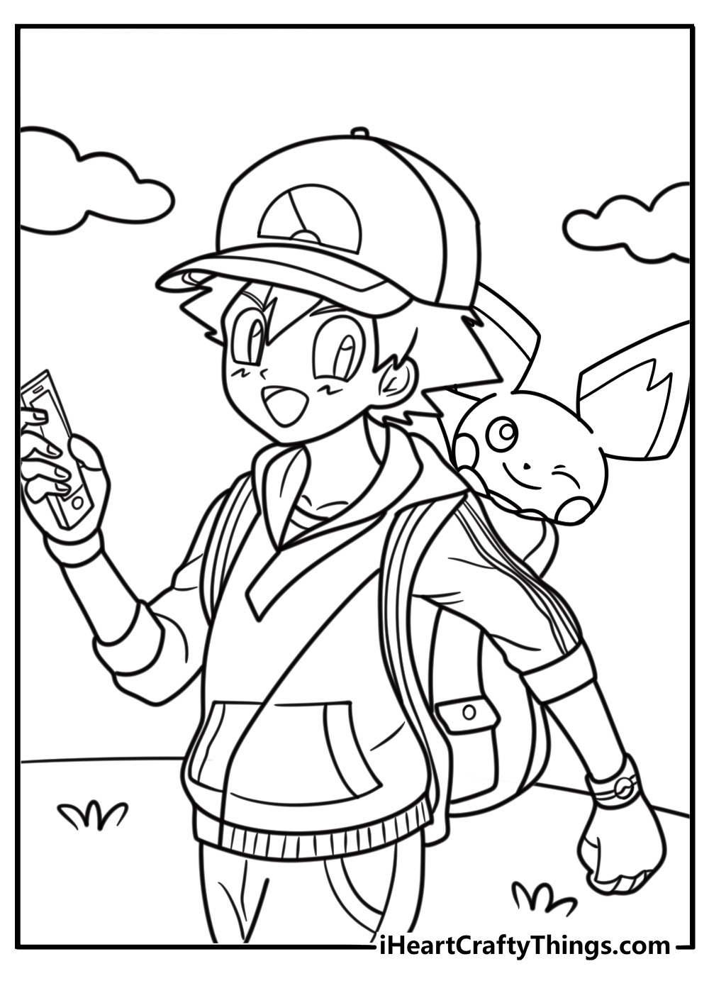 Pichu next to trainer's backpack coloring page