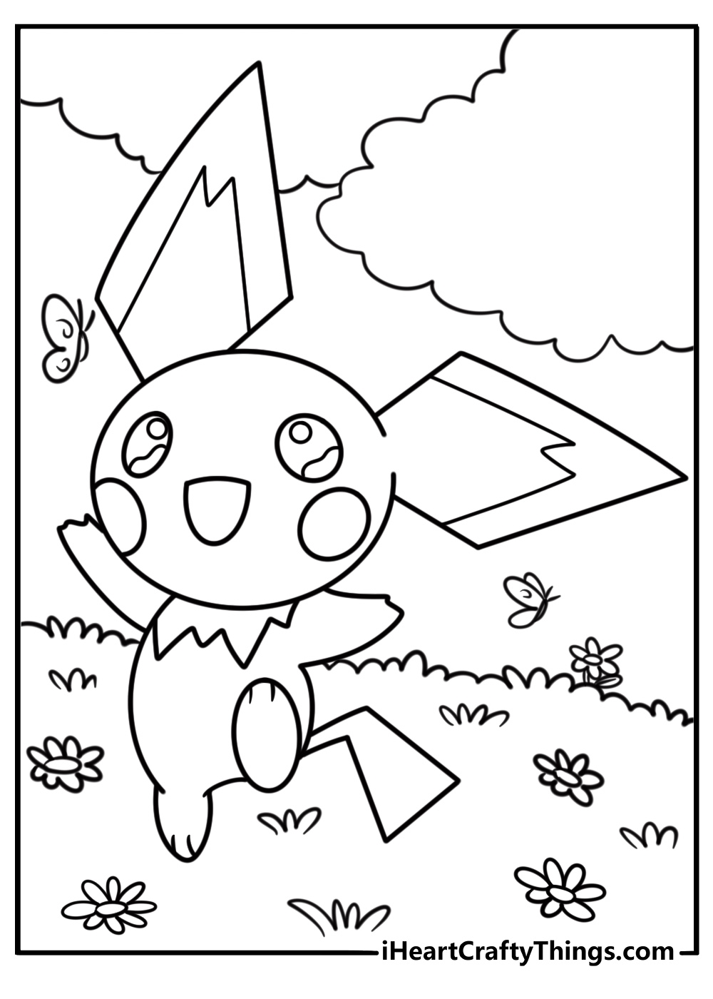 Pichu running through a meadow coloring sheet