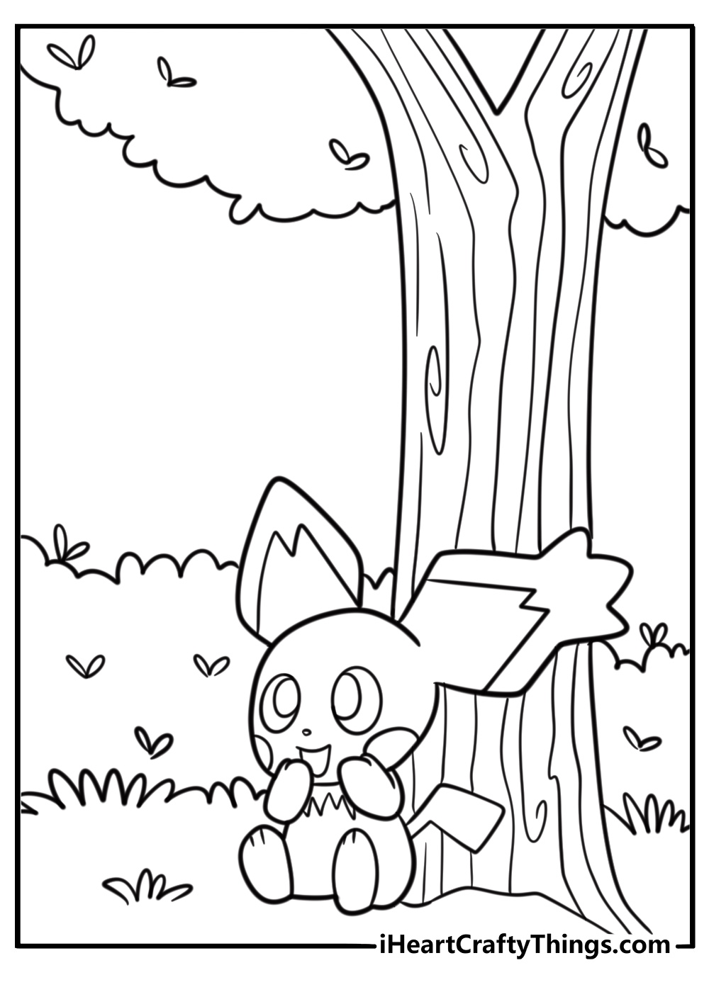 Pichu sitting near a tree coloring sheet