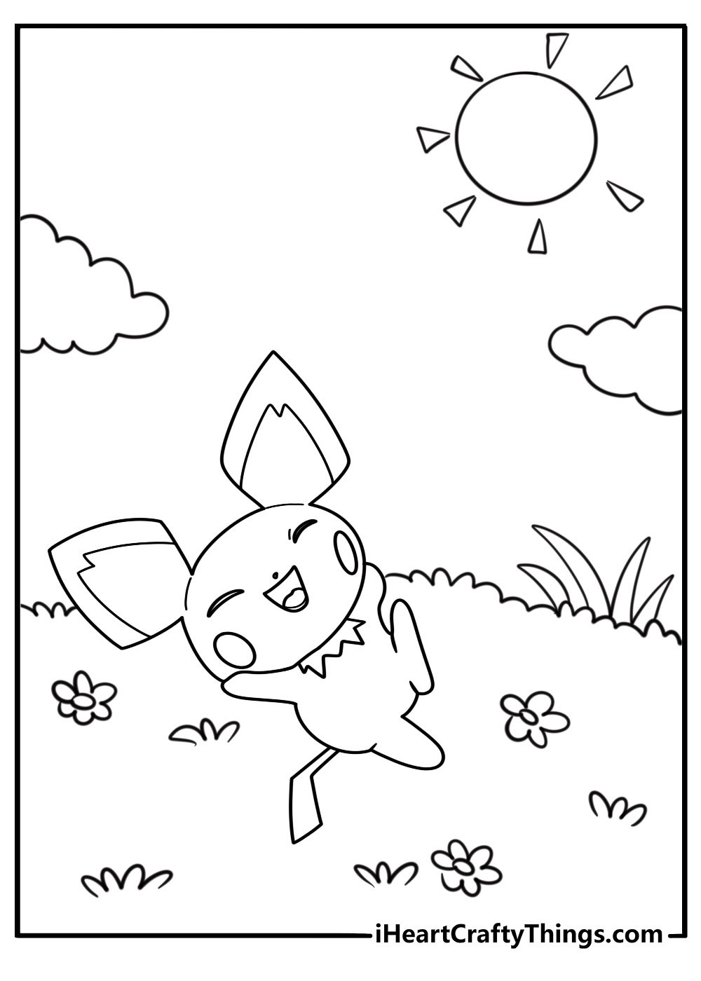 Pichu under a bright sky coloring sheet