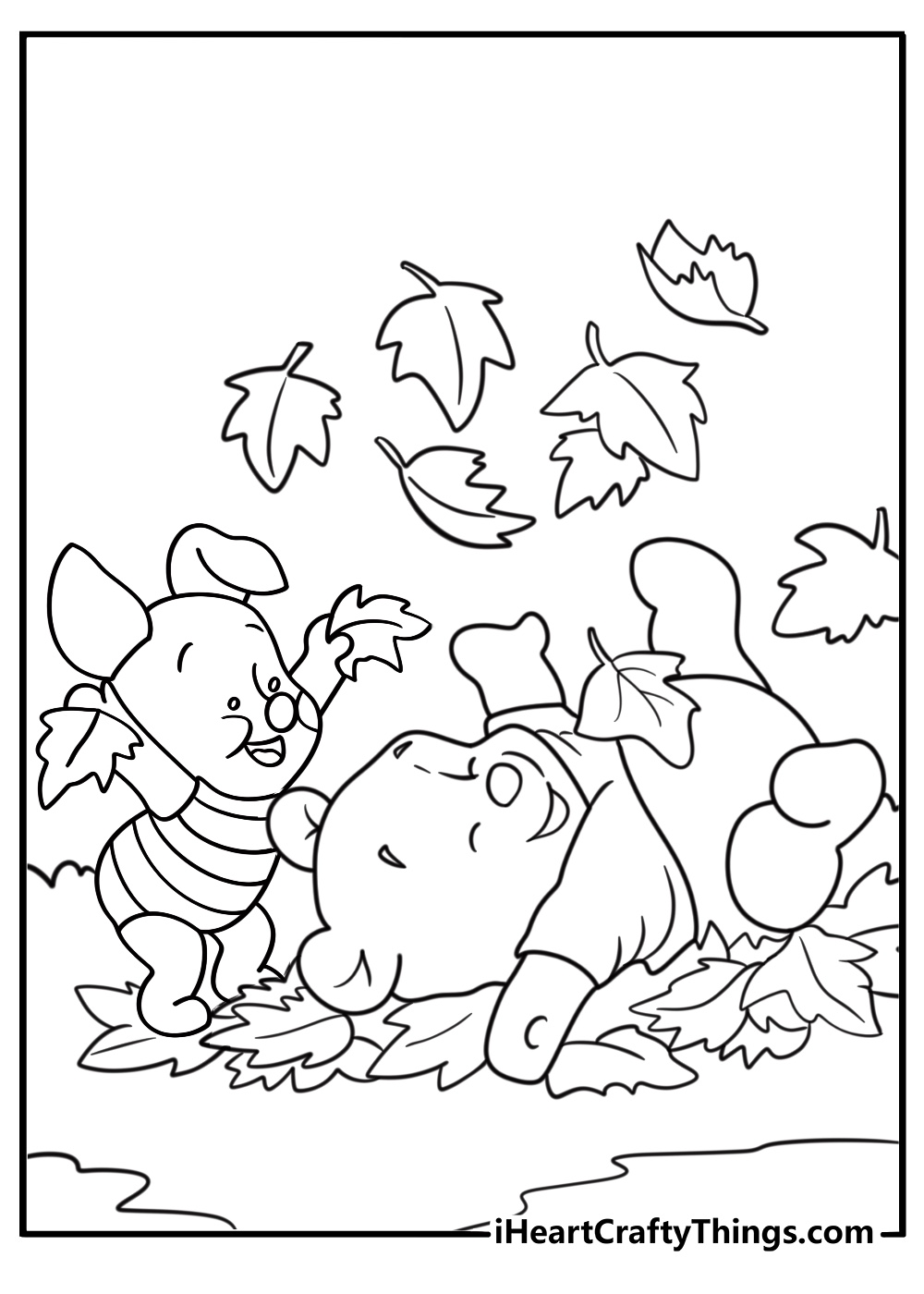 Piglet and Pooh playing near a pile of autumn leaves