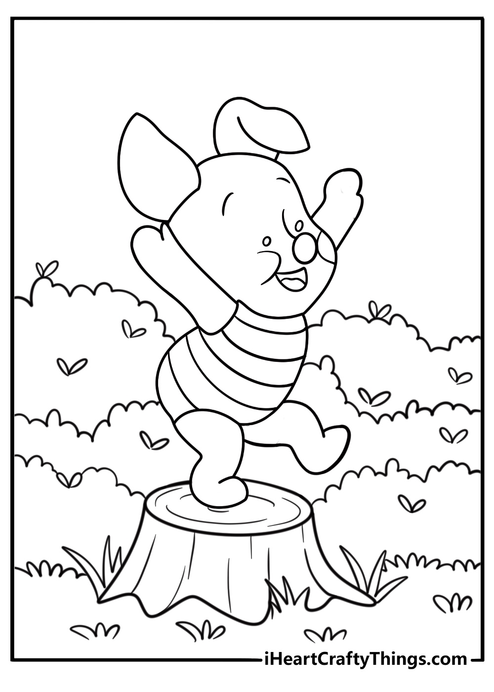 Piglet balancing on a tree stump near a trail
