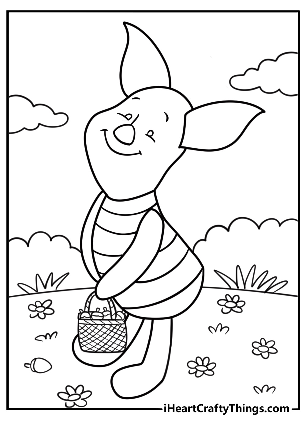 Piglet carrying a small basket of acorns