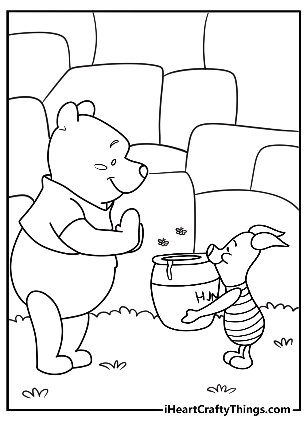 Piglet helping Pooh carry a jar of honey