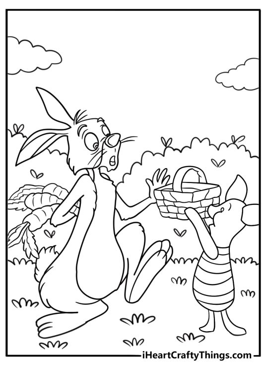 Piglet helping Rabbit with vegetables in the garden