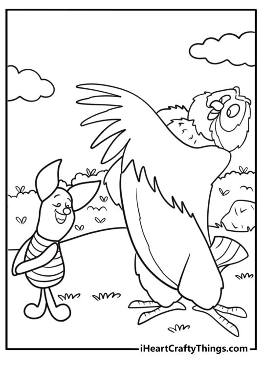 Piglet listening to an owl perched above