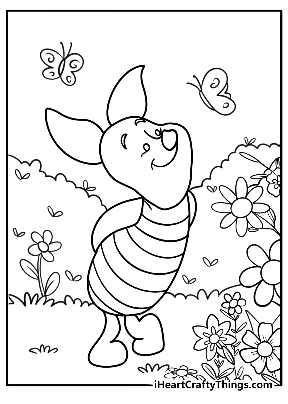 Piglet looking up at a floating butterfly