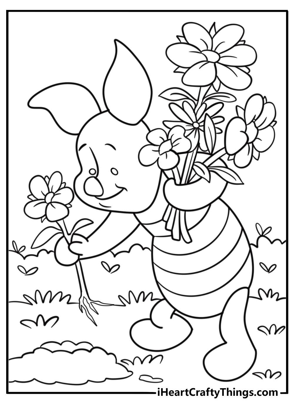 Piglet planting flowers in a small garden