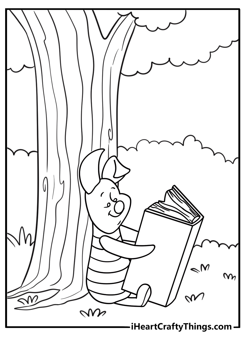 Piglet reading a book under a tree