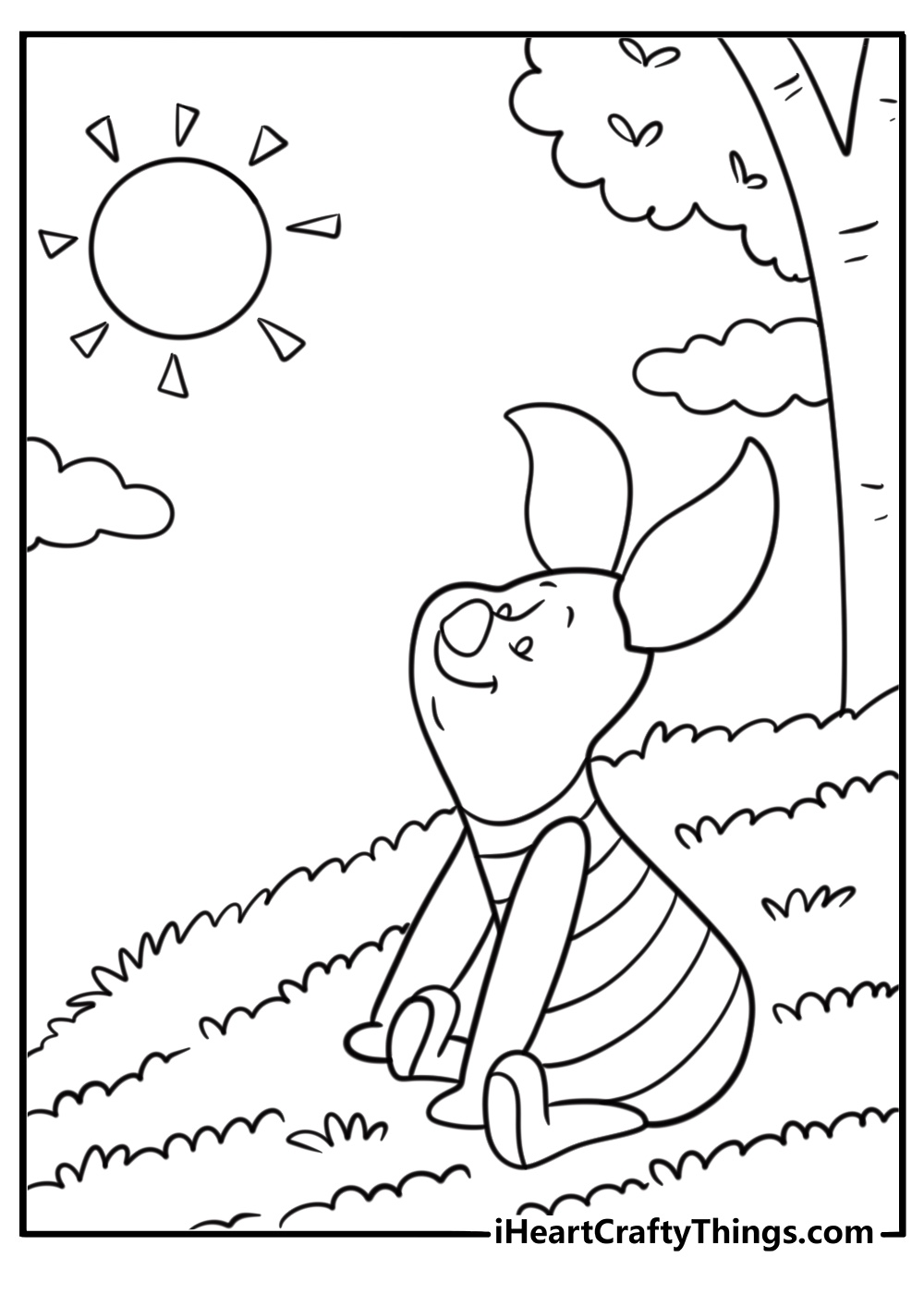 Piglet resting on a patch of grass under the sun