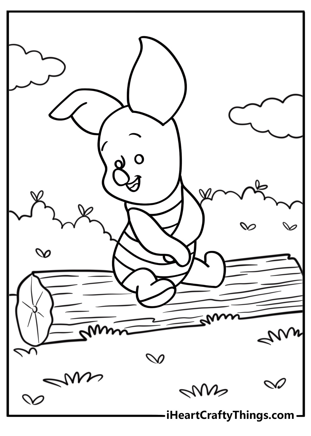 Piglet sitting on a log near a calm stream