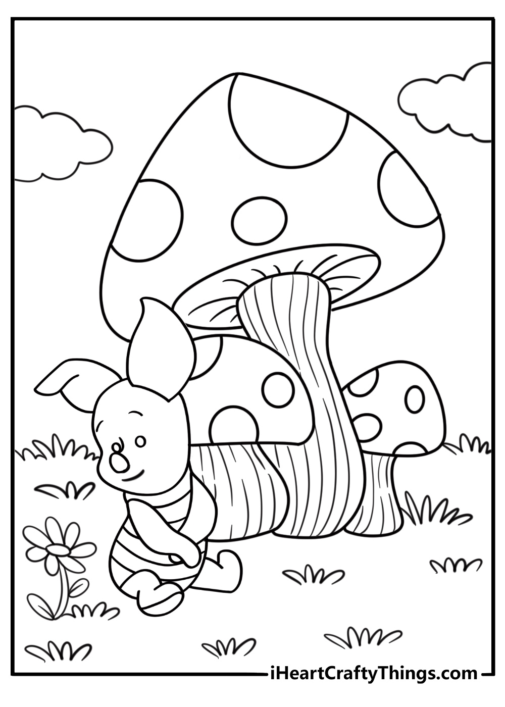 Piglet sitting quietly beside a patch of mushrooms
