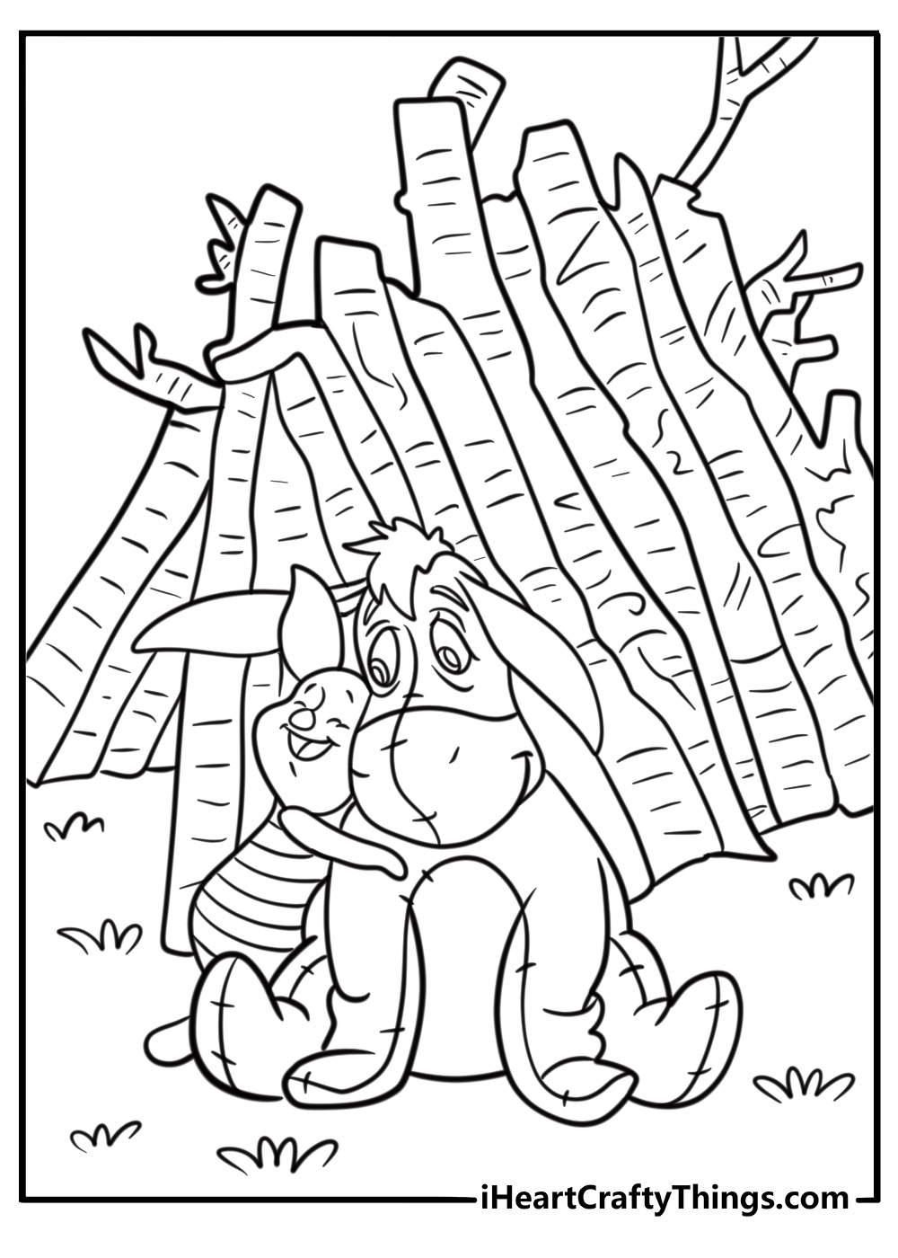 Piglet talking with Eeyore near his stick house