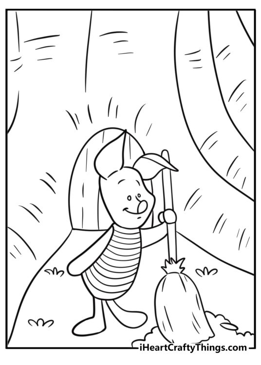 Piglet tidying up his small wooden house