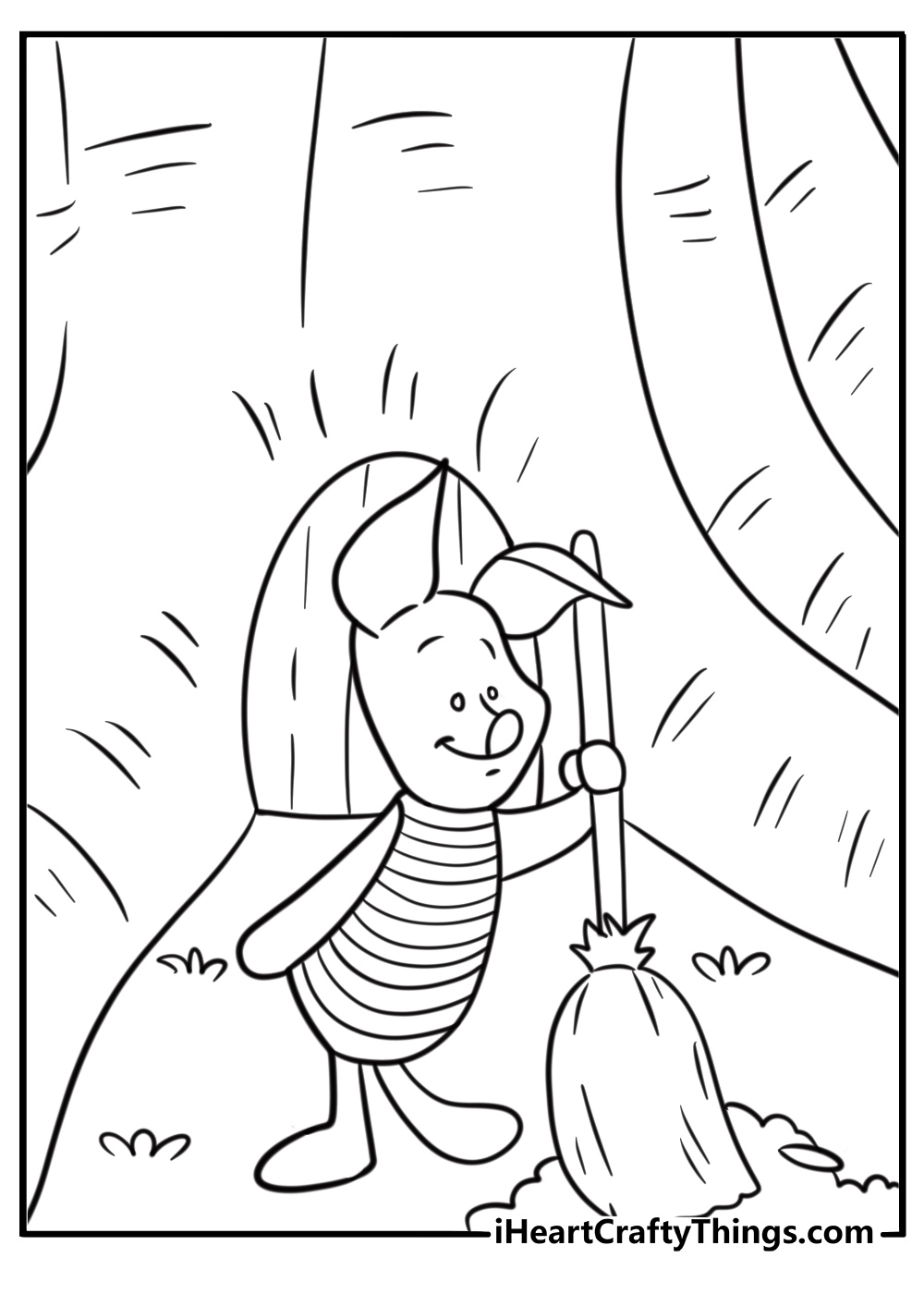 Piglet tidying up his small wooden house