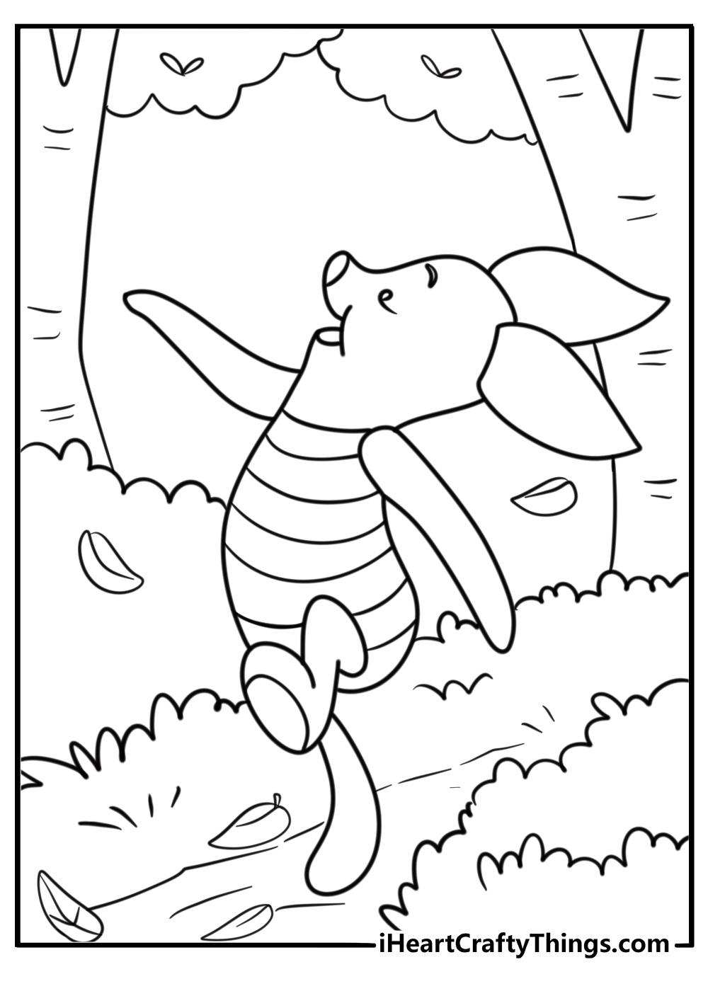 Piglet walking through a forest path with leaves on the ground
