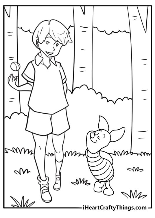 Piglet walking with Christopher Robin in the woods