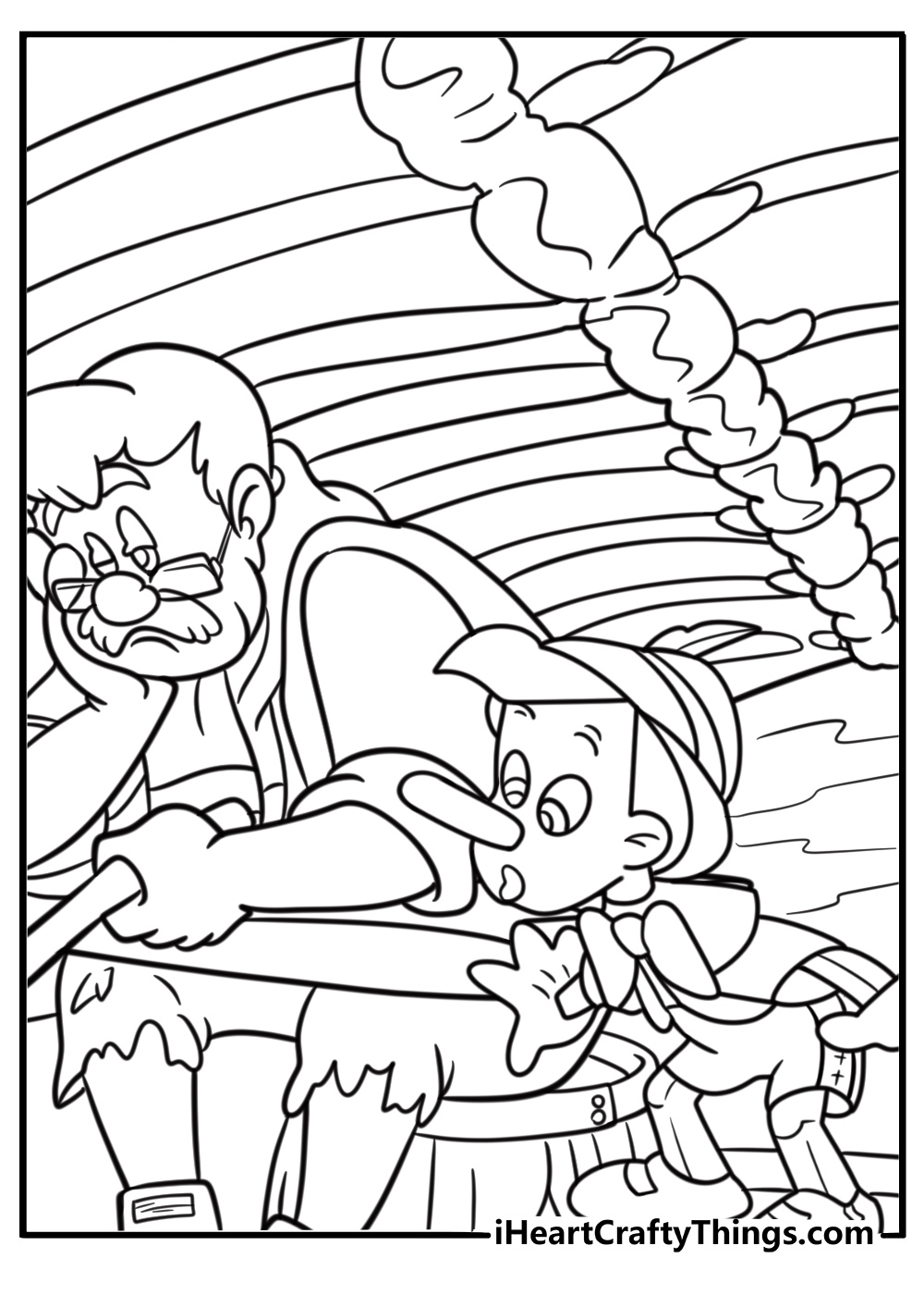 Pinocchio and geppetto inside monstro coloring page