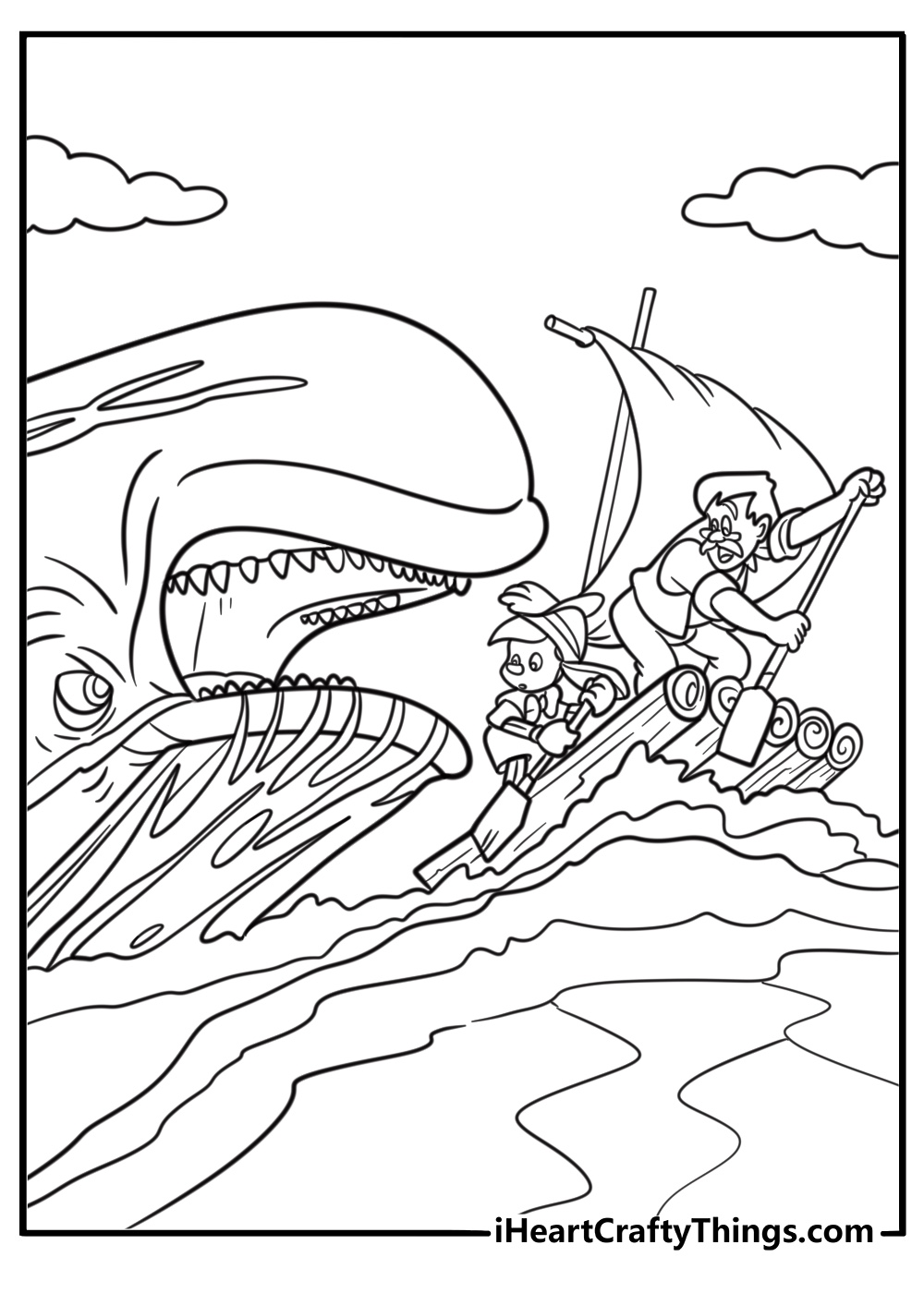 Pinocchio escaping from the whale coloring page