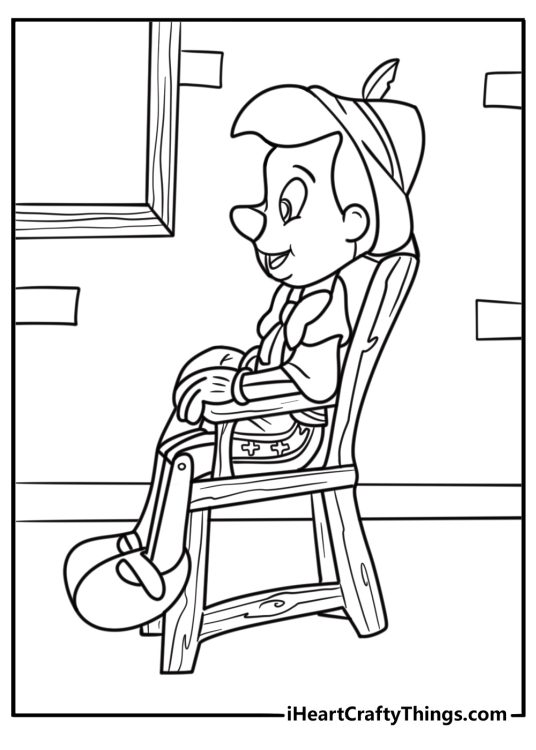 Pinocchio sitting on a wooden chair coloring page