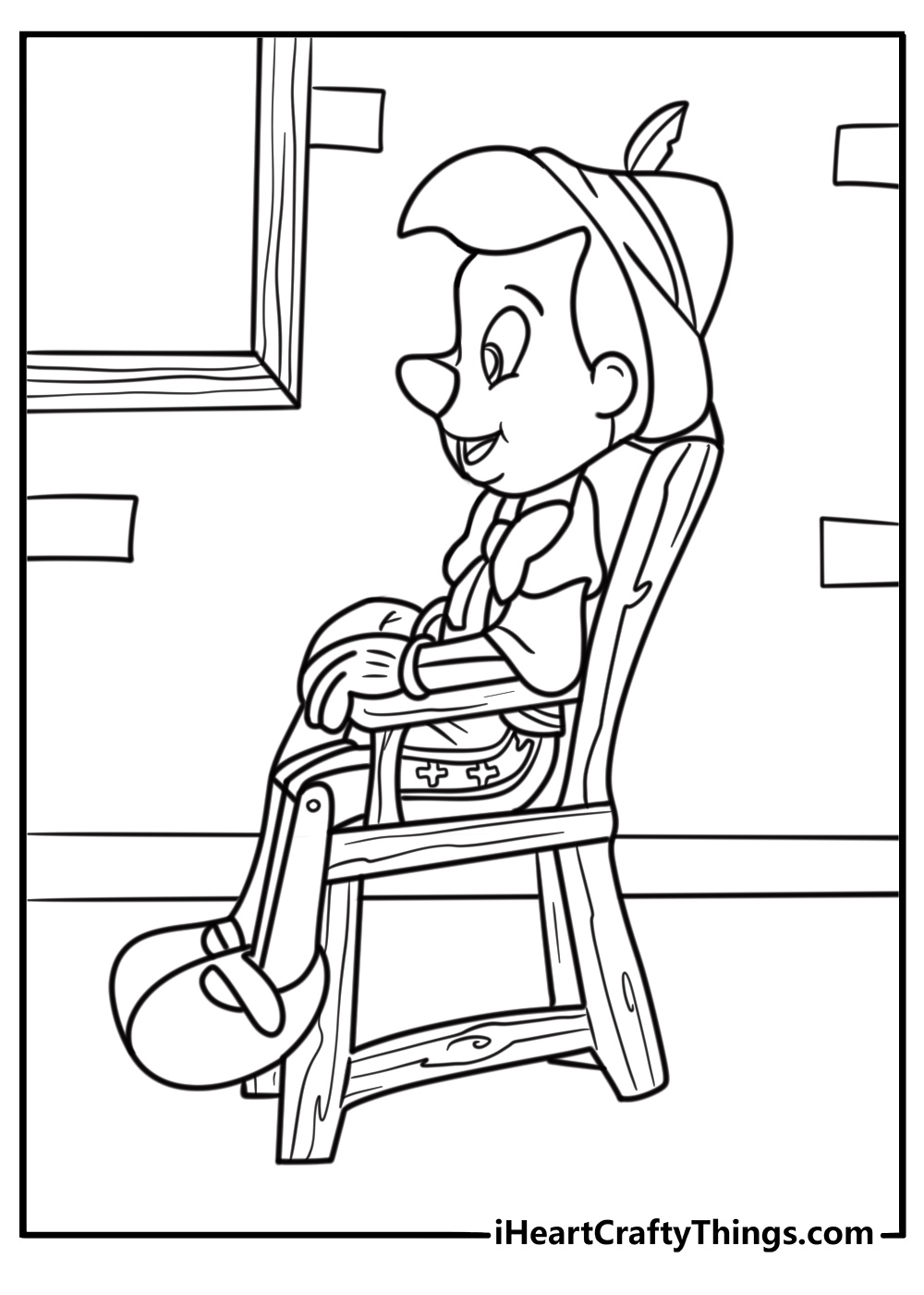 Pinocchio sitting on a wooden chair coloring page