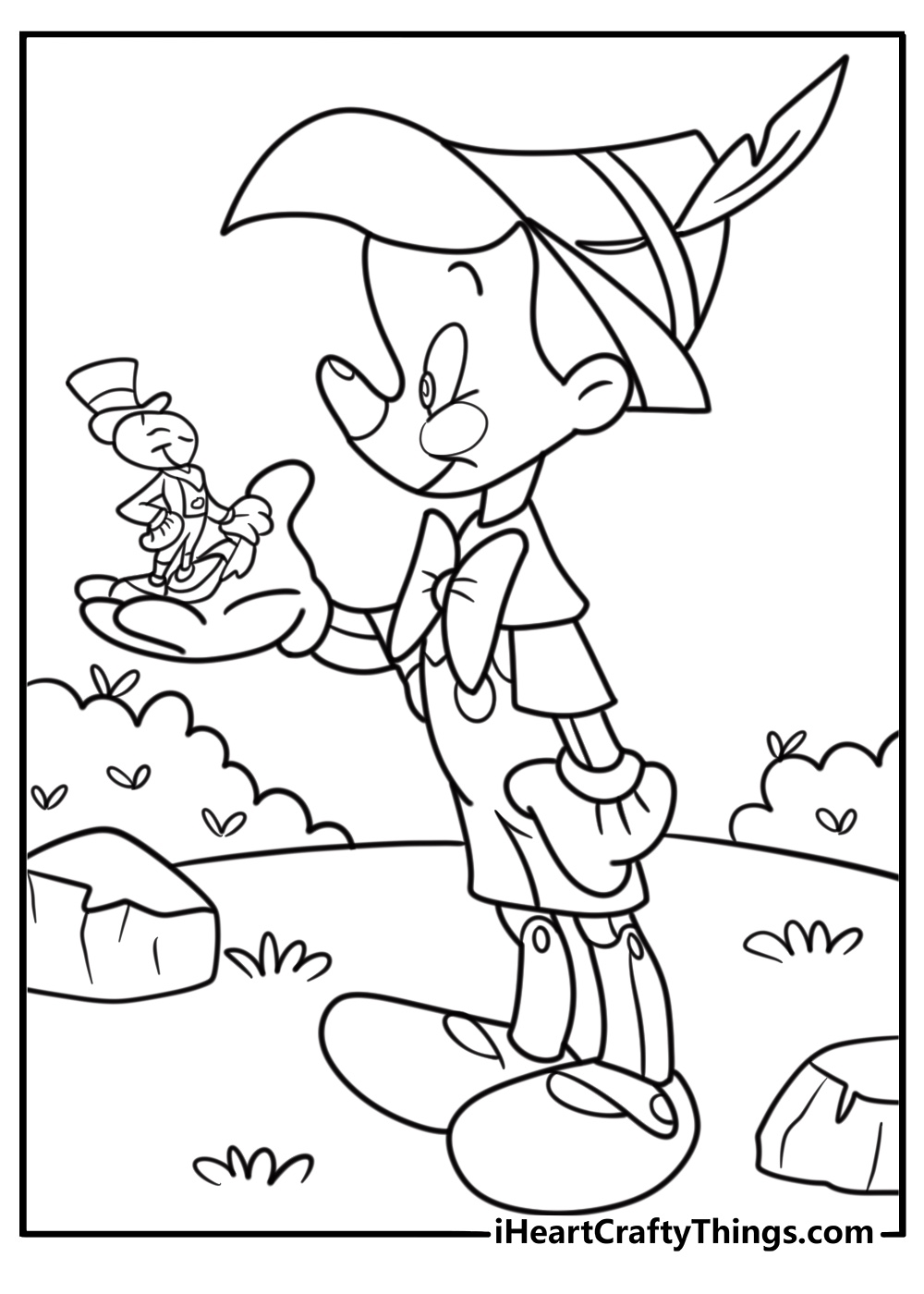 Pinocchio talking to Jiminy cricket coloring page