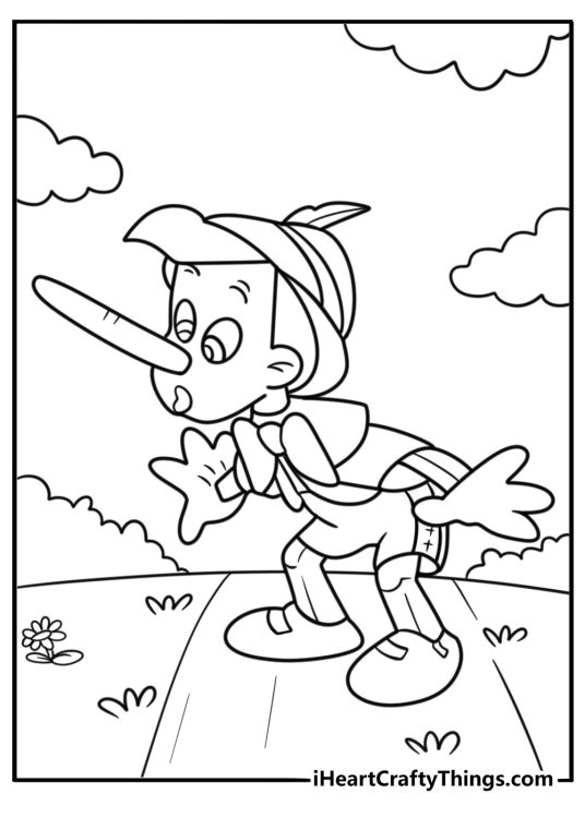 Pinocchio with a growing nose coloring page