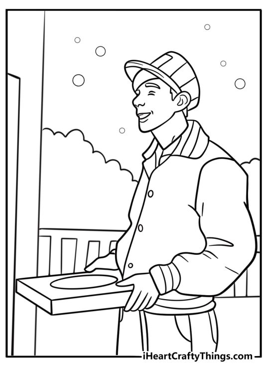Pizza delivery at the front door with Kevin watching coloring page