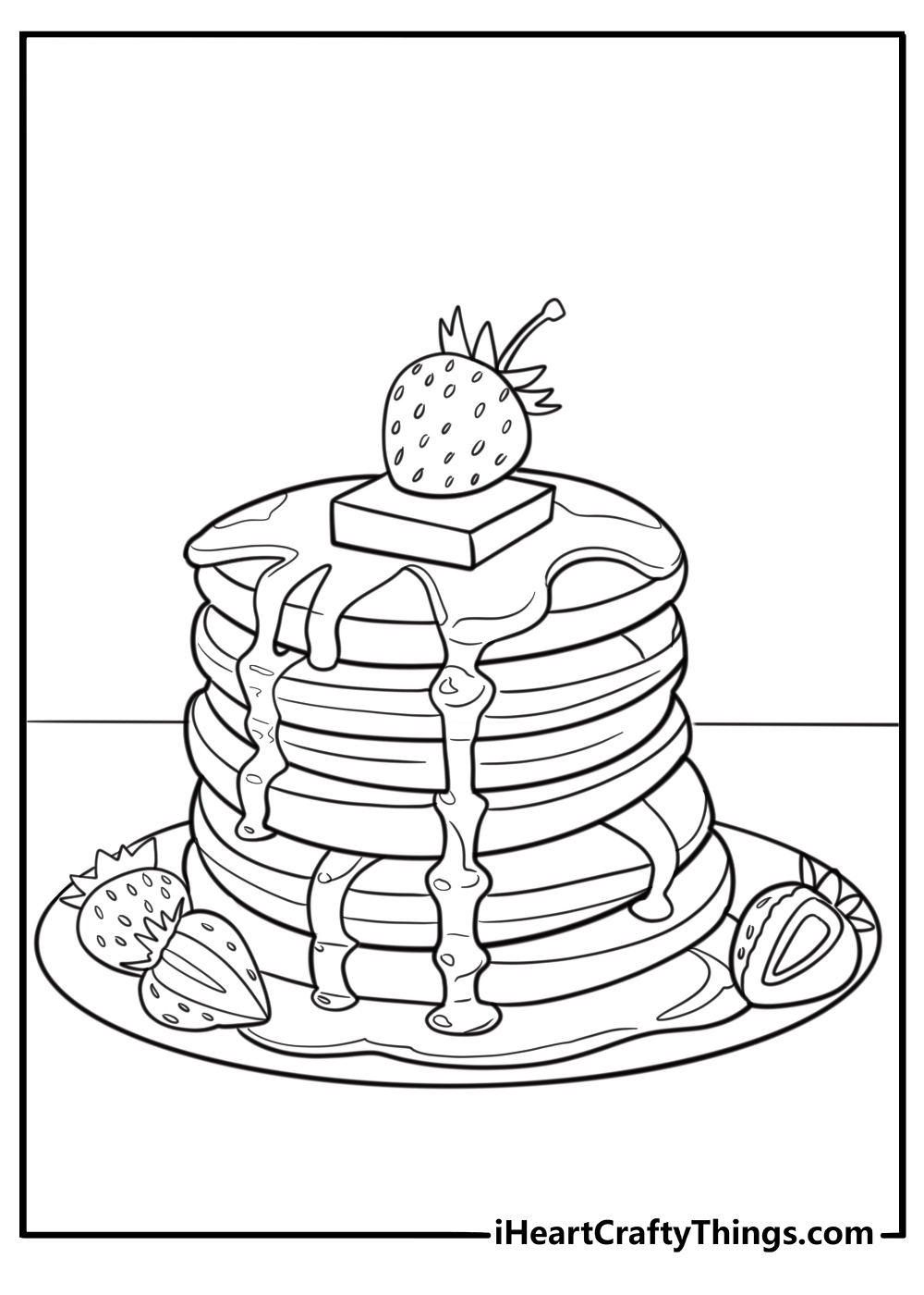 Plate of pancakes with strawberries printable coloring sheet