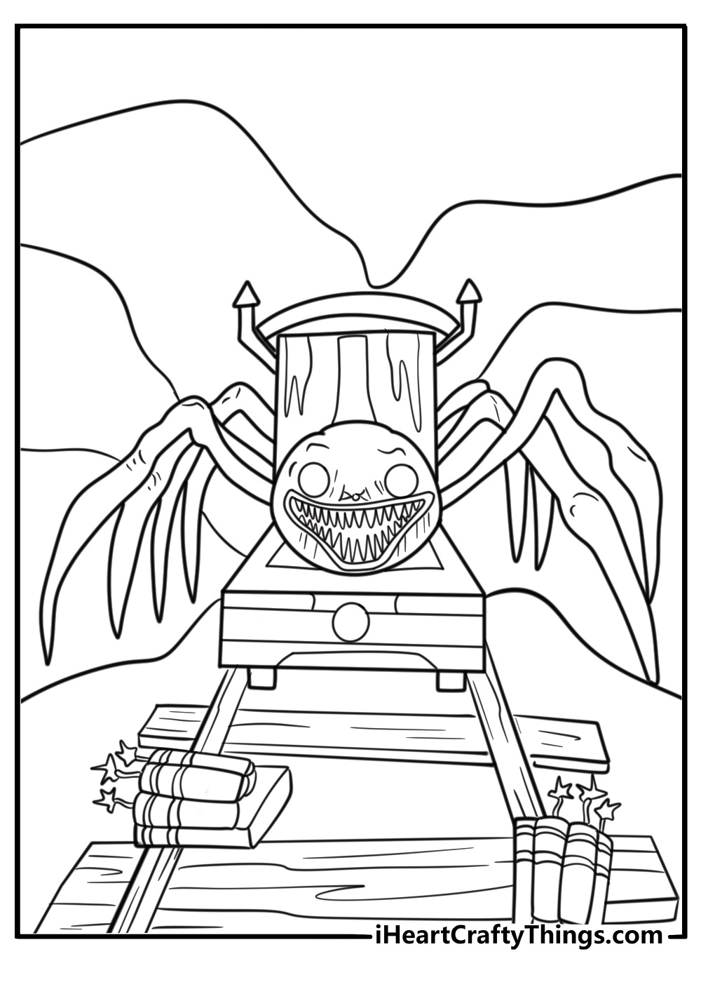 Player placing explosives to stop Choo Choo Charles coloring sheet