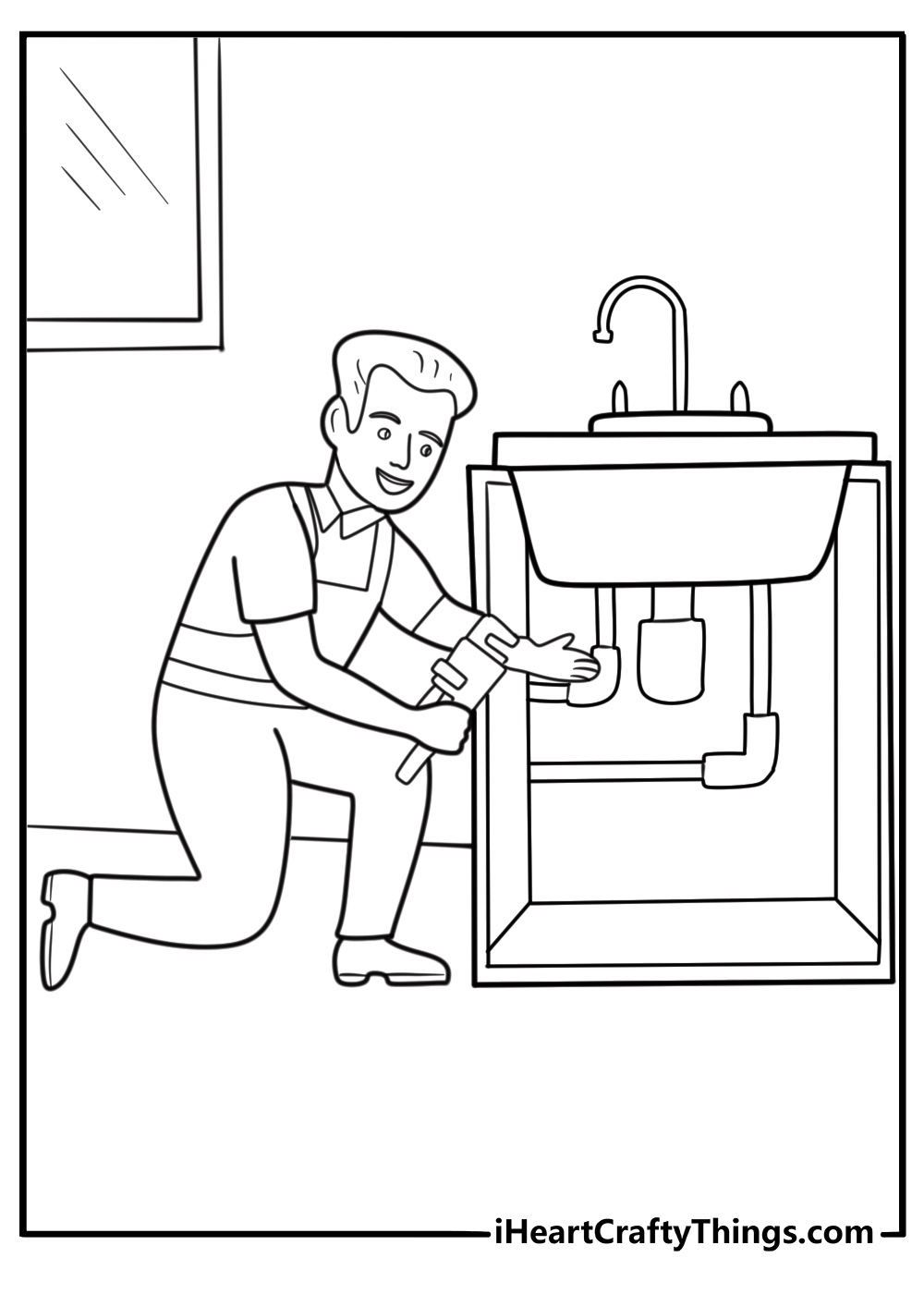 Plumber with wrench under a sink coloring sheet