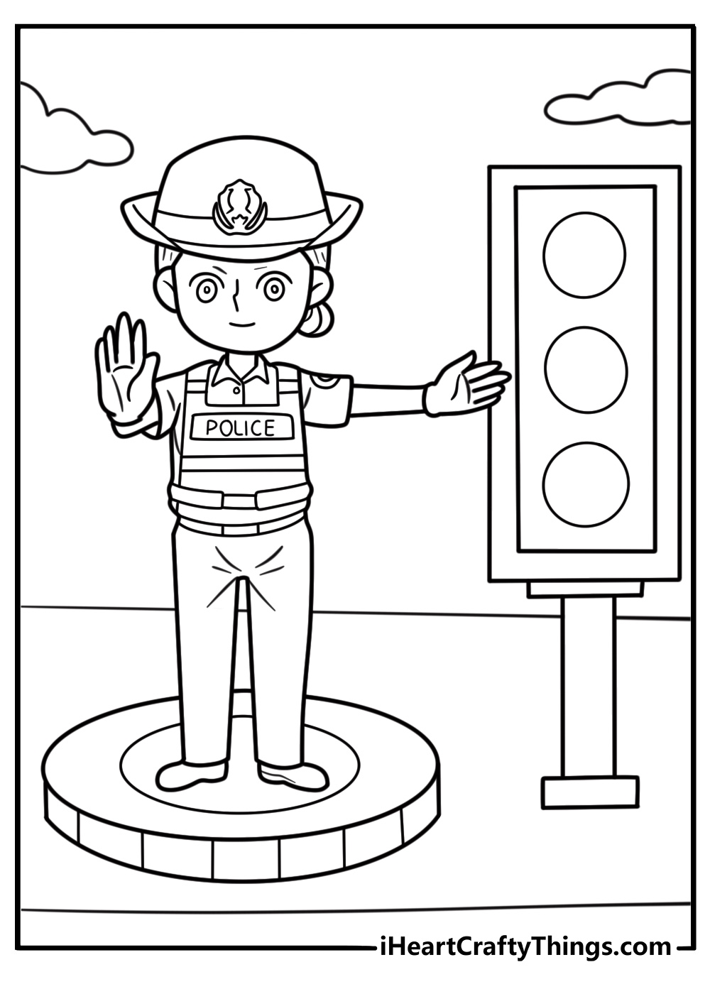 Police officer directing traffic Labor Day coloring sheet