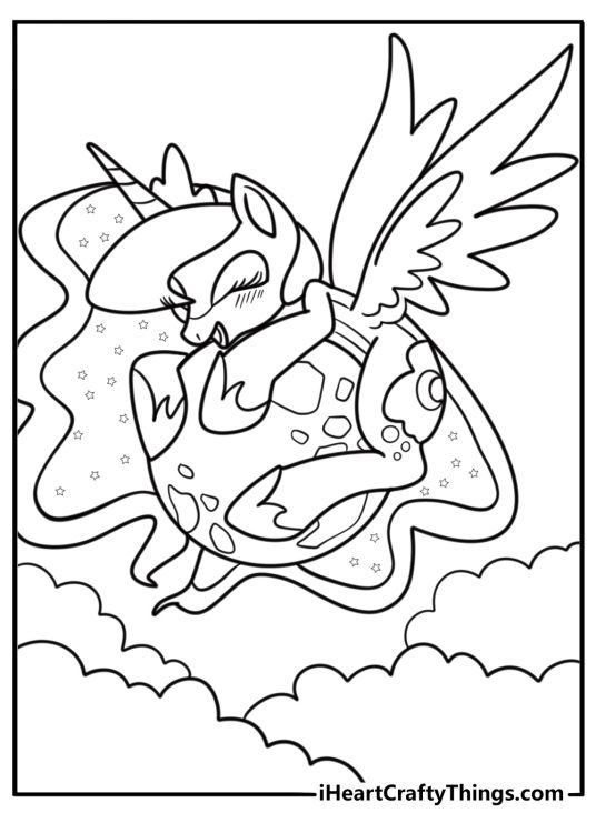 Princess Luna calming a scared pony in a dream coloring page