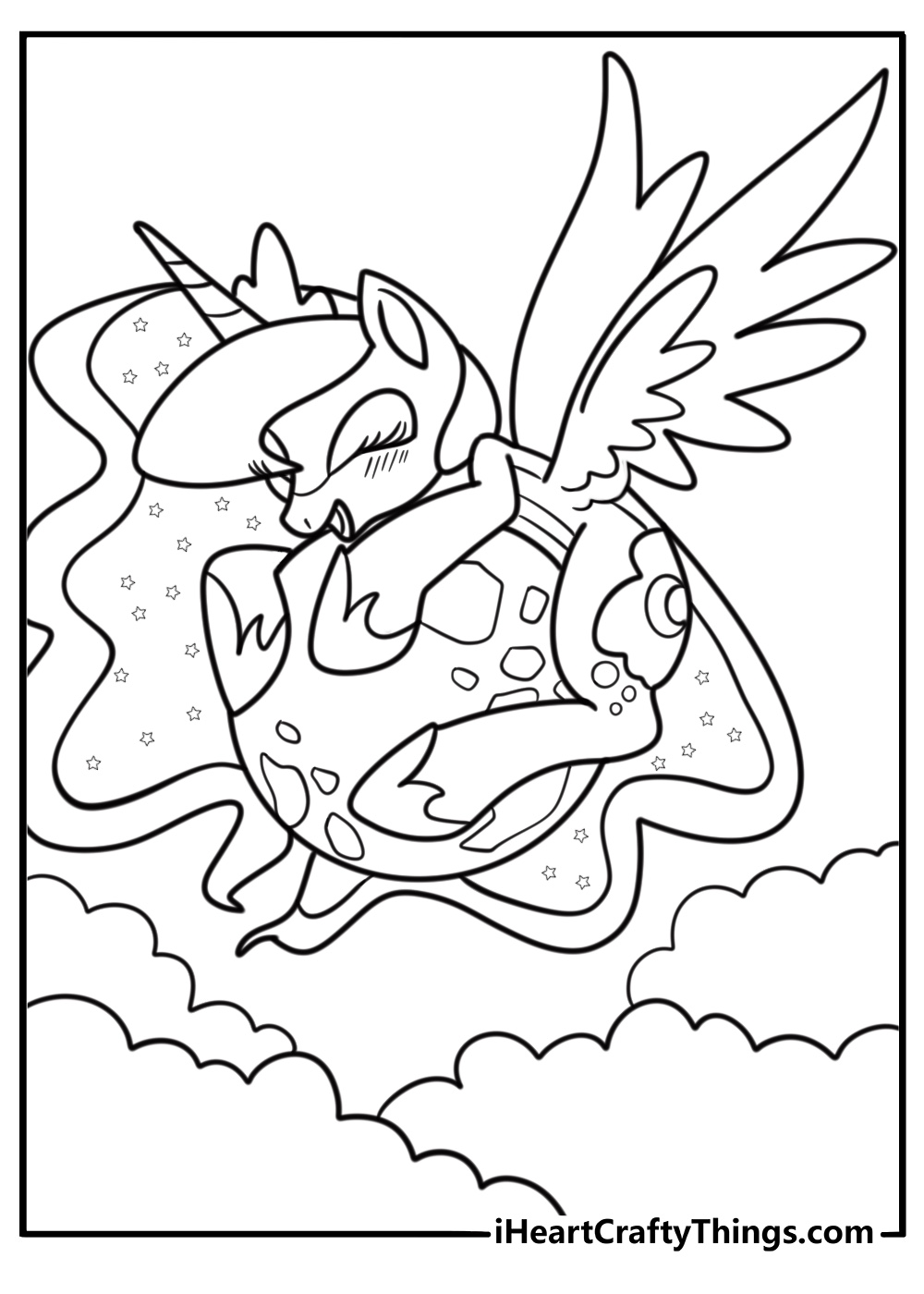 Princess Luna calming a scared pony in a dream coloring page