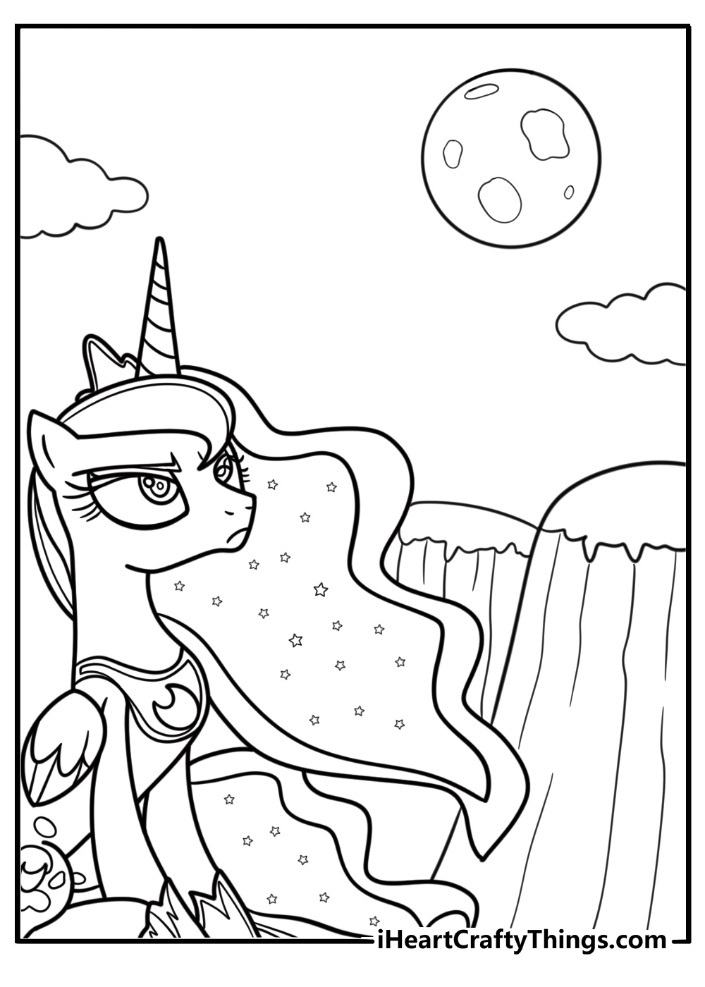 Princess Luna looking up at the full moon coloring sheet