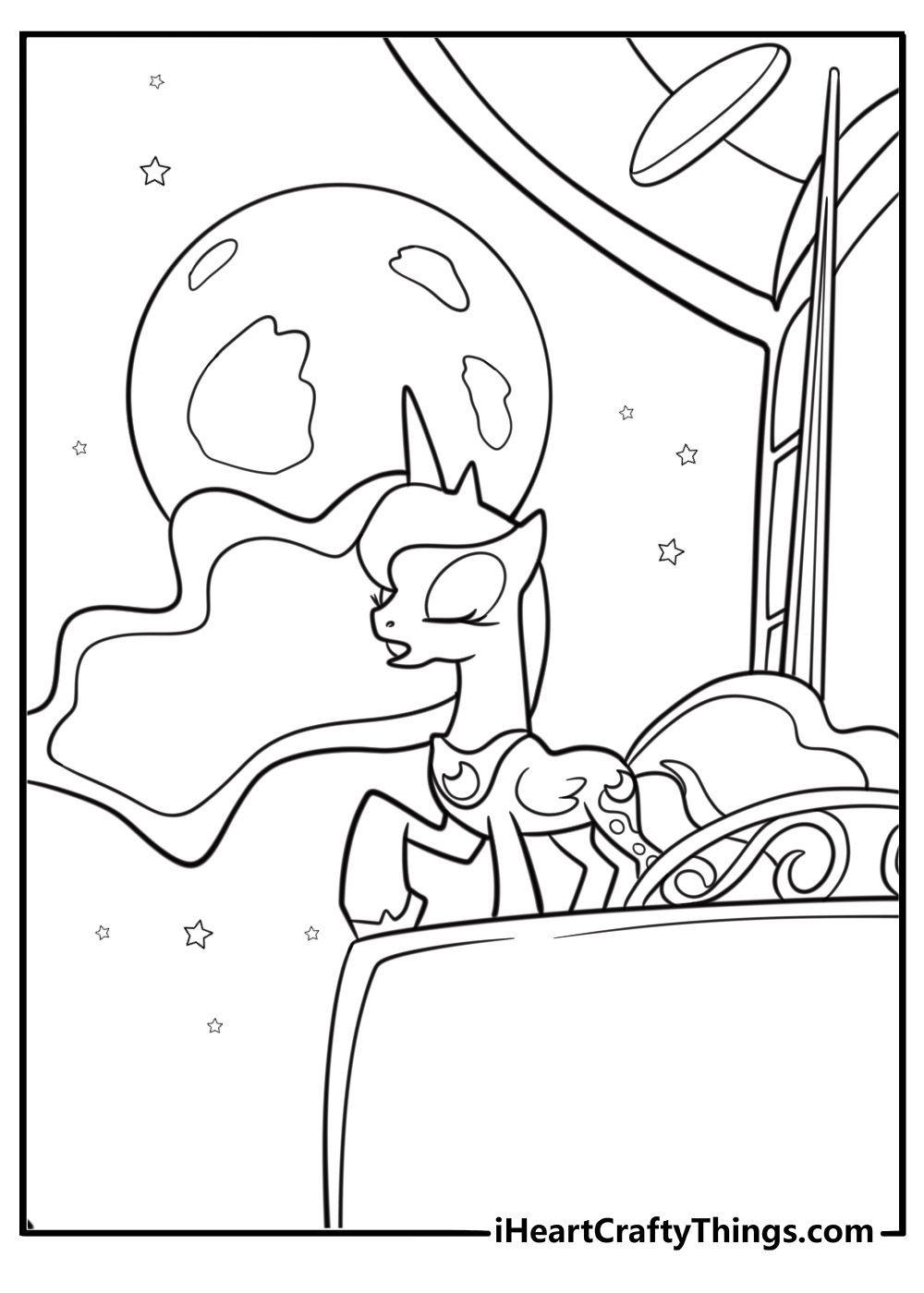 Princess Luna on a moonlit balcony coloring page