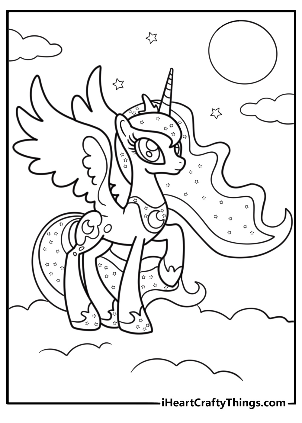 Princess Luna standing on a cloud coloring sheet
