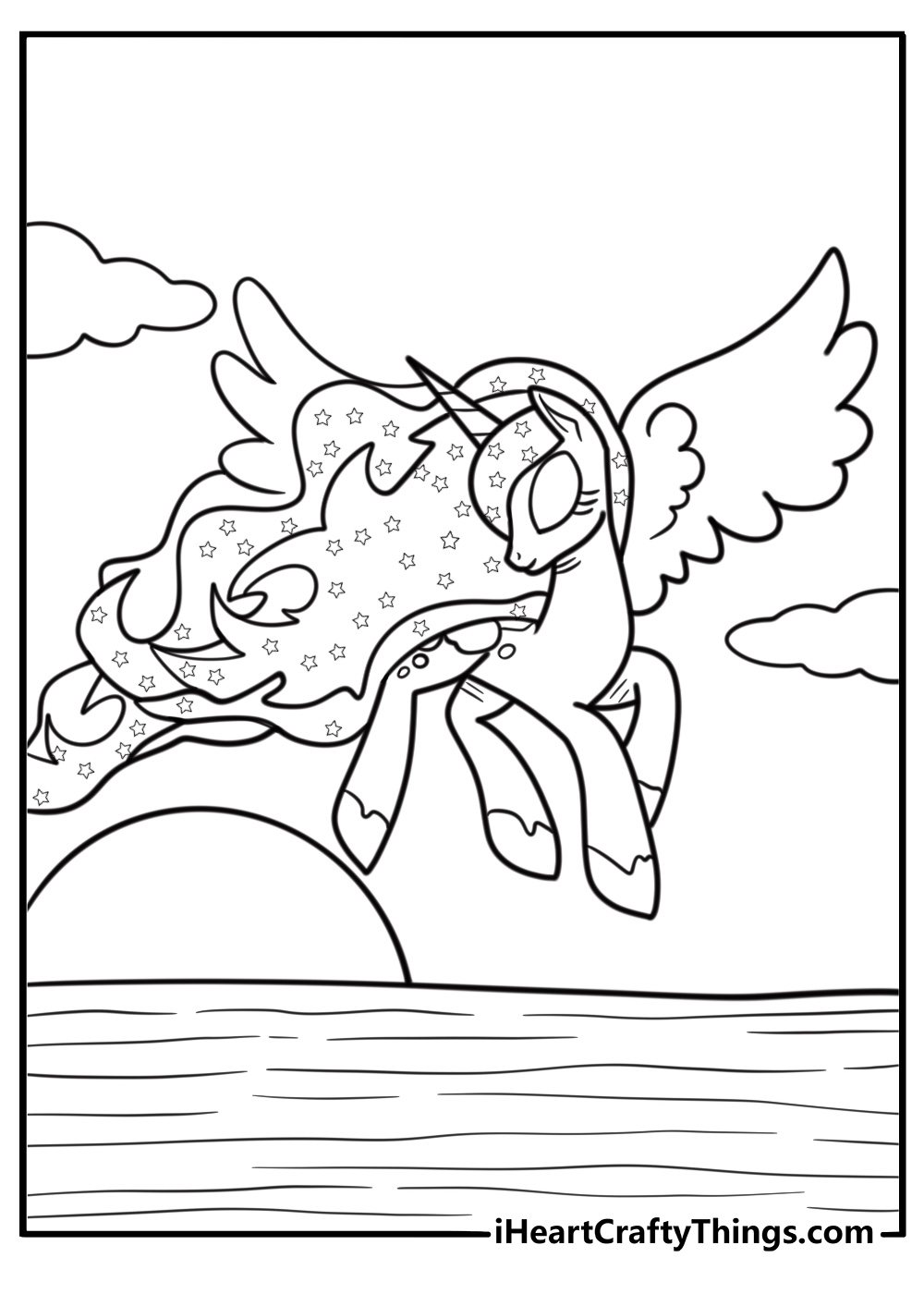 Princess Luna walking through a dream realm coloring page