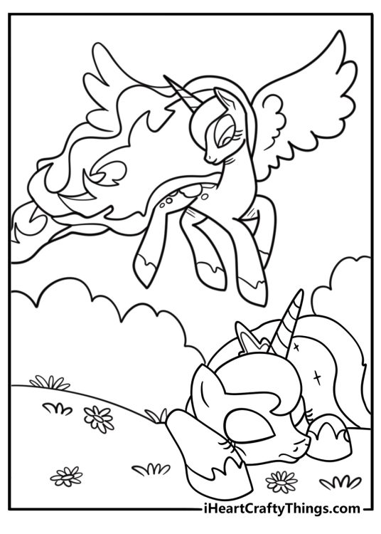 Princess Luna watching over sleeping ponies coloring sheet