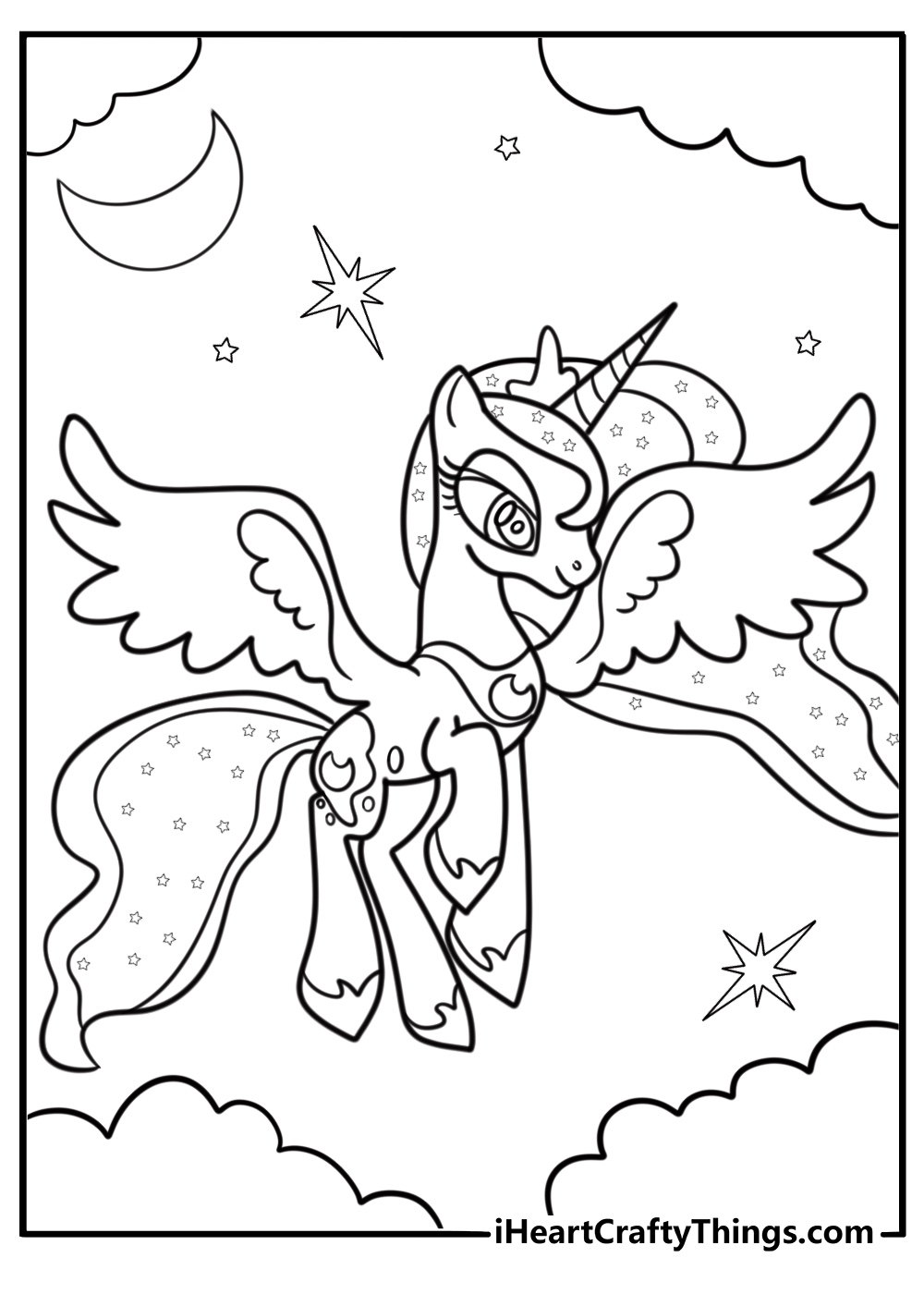 Princess Luna with crescent moon cutie mark coloring page