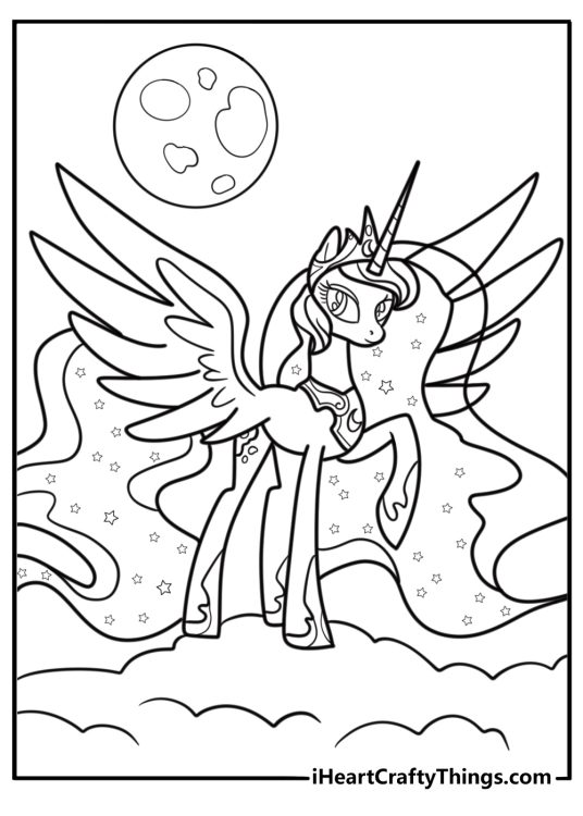 Princess Luna with wide wings spread coloring page