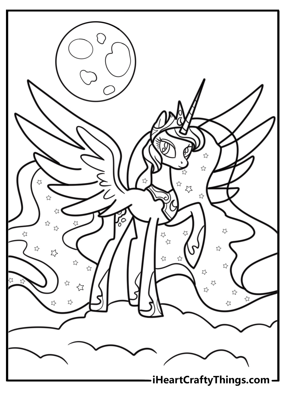 Princess Luna with wide wings spread coloring page