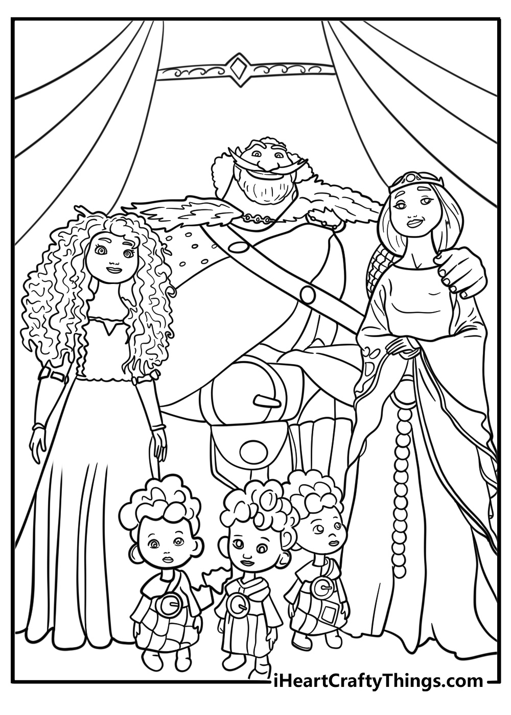 Princess Merida and her family at the castle coloring sheet