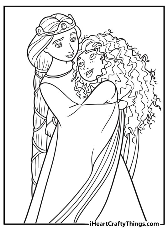 Princess Merida and Queen Elinor in royal gowns coloring page
