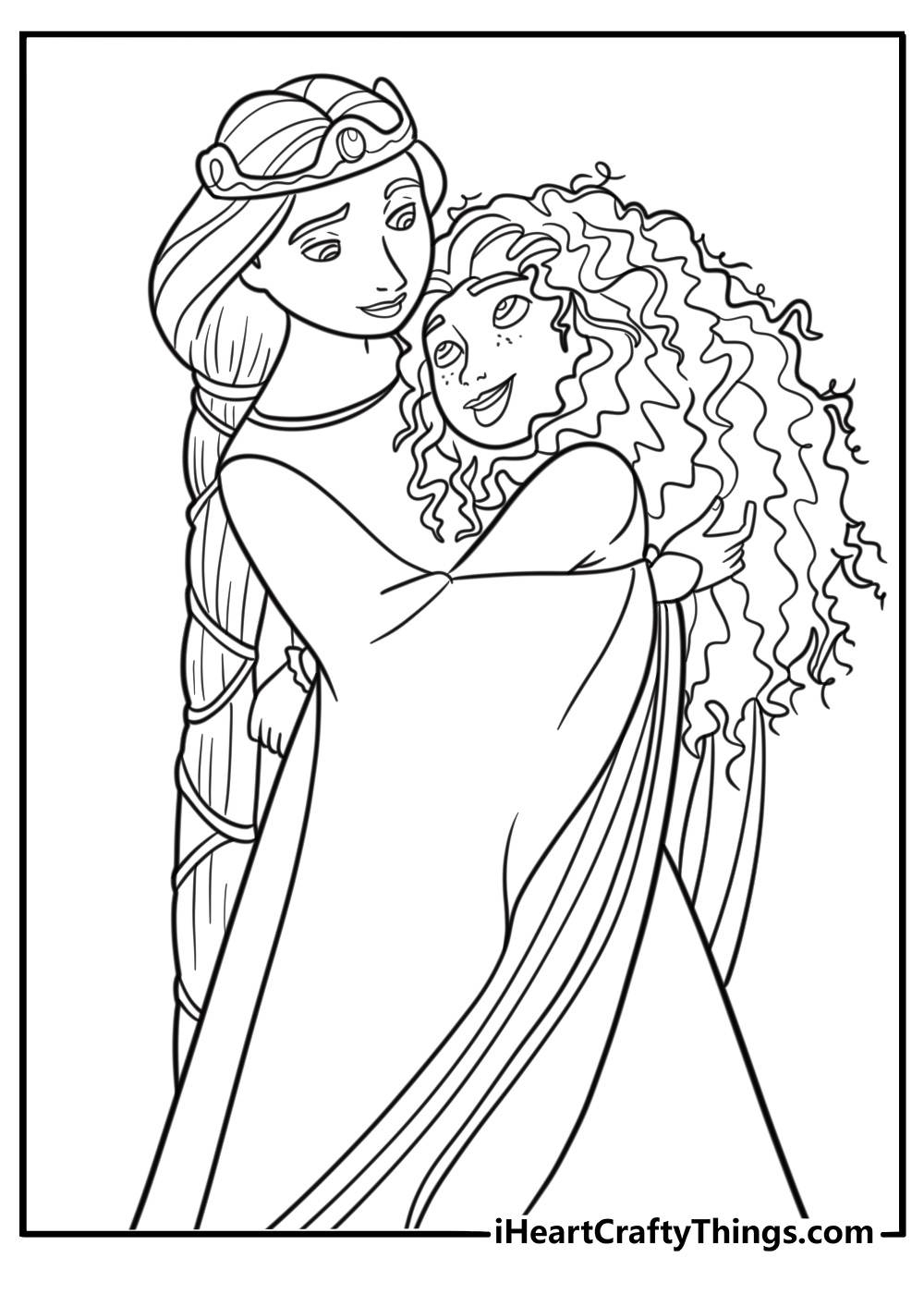 Princess Merida and Queen Elinor in royal gowns coloring page