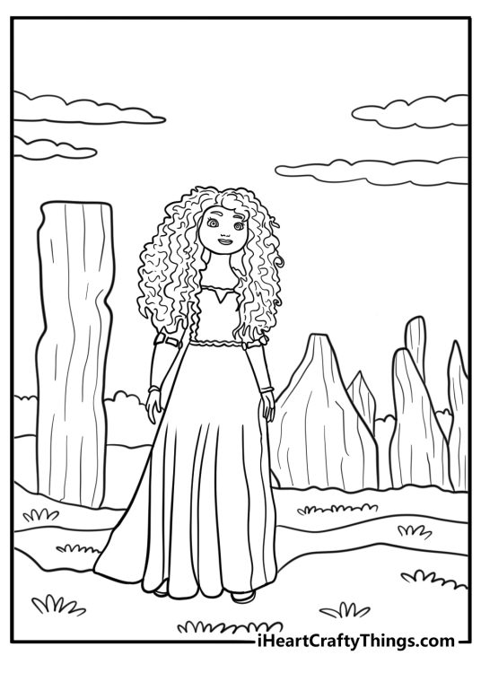 Princess Merida beside the ancient standing stones coloring page