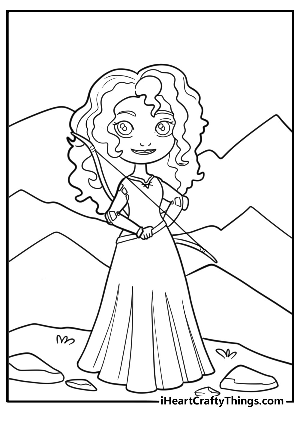 Princess Merida exploring the Scottish highlands coloring page