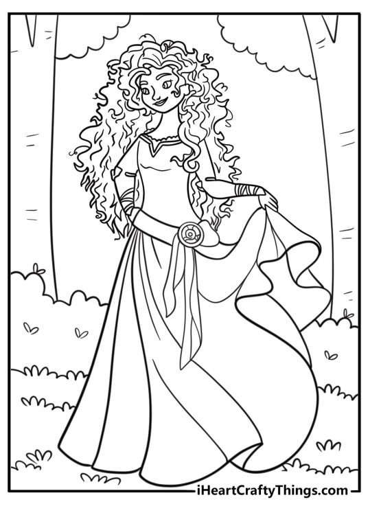 Princess Merida in her green dress in the forest coloring sheet